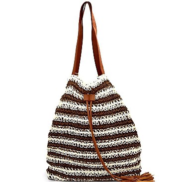 CZR002-LP Stripe Patterned Straw Drawstring Tote