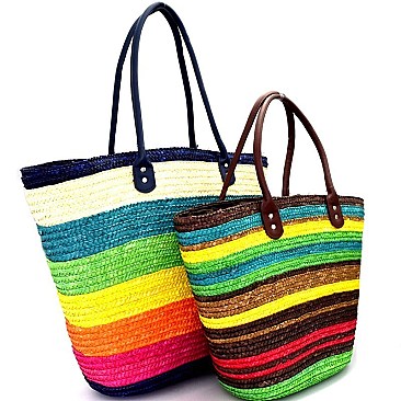 CZR004-LP Multi-Color Stripe Patterned Straw 2 in 1 Twin Tote SET