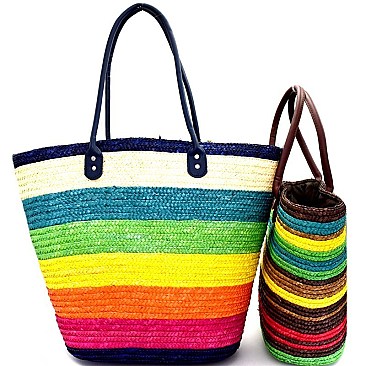 CZR004-LP Multi-Color Stripe Patterned Straw 2 in 1 Twin Tote SET