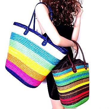CZR004-LP Multi-Color Stripe Patterned Straw 2 in 1 Twin Tote SET