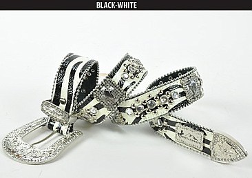 ZR-B001D , Zebra Geniune Leather Rhinestone  Cross & Studded Belt