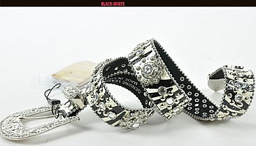 ZR-B001E, Zebra Geniune Leather Rhinestone Belt