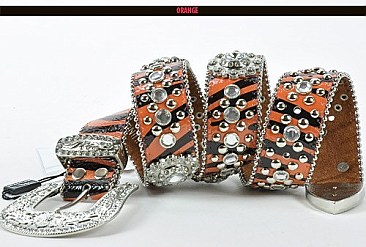 ZR-B001E, Zebra Geniune Leather Rhinestone Belt