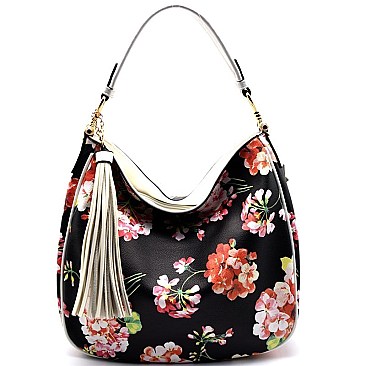 D0377-LP Tassel Accent Flower Print 2 Way Hobo