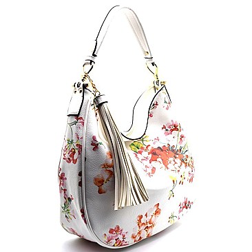 D0377-LP Tassel Accent Flower Print 2 Way Hobo