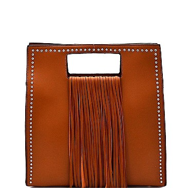 D0378-LP Stud Embellished Fringed 2 Way Satchel