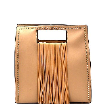 D0378-LP Stud Embellished Fringed 2 Way Satchel