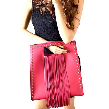 D0378-LP Stud Embellished Fringed 2 Way Satchel