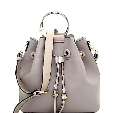 D0401-LP Metal Handle Accent Drawstring Bucket Satchel Gray