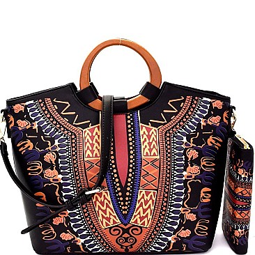 Wooden Handle Ethnic Print Satchel Wallet SET MH-D0427W