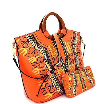 Wooden Handle Ethnic Print Satchel Wallet SET MH-D0427W