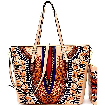 D0428W-LP Ethnic Print Shopper Tote Wallet SET