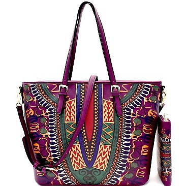 D0428W-LP Ethnic Print Shopper Tote Wallet SET