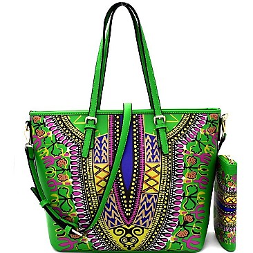 D0428W-LP Ethnic Print Shopper Tote Wallet SET