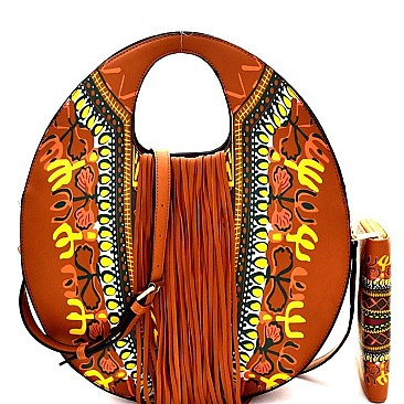 Ethnic Print Fringed Round Satchel Wallet SET MH-D0442W