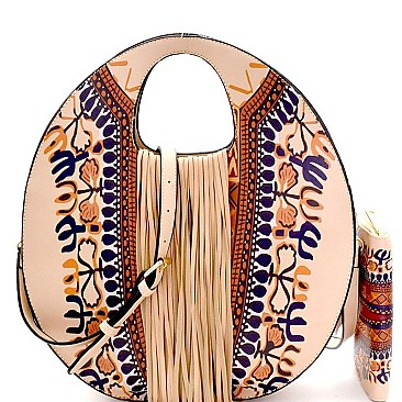 Ethnic Print Fringed Round Satchel Wallet SET MH-D0442W