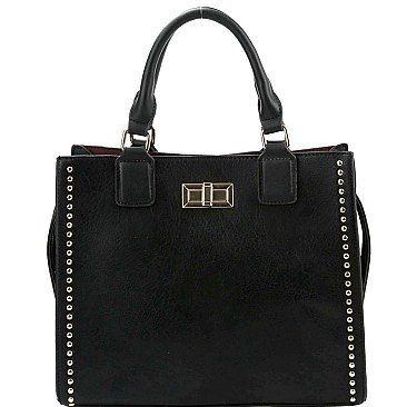 Fashionable Turn-Lock Accent Studded 3-Compartment Satchel MH-D0503