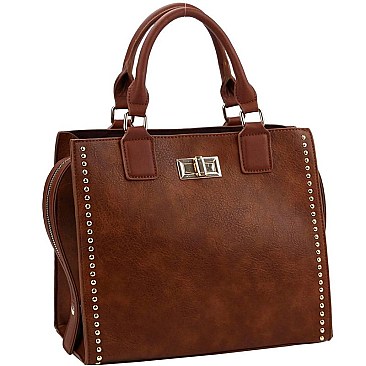 Fashionable Turn-Lock Accent Studded 3-Compartment Satchel MH-D0503