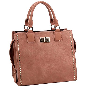 Fashionable Turn-Lock Accent Studded 3-Compartment Satchel MH-D0503