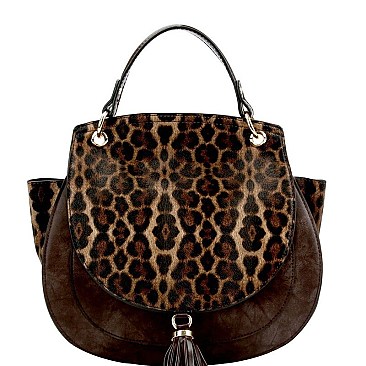 ROUND LEOPARD PRINT FLAP WING SATCHEL