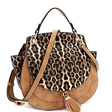 ROUND LEOPARD PRINT FLAP WING SATCHEL