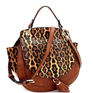 ROUND LEOPARD PRINT FLAP WING SATCHEL
