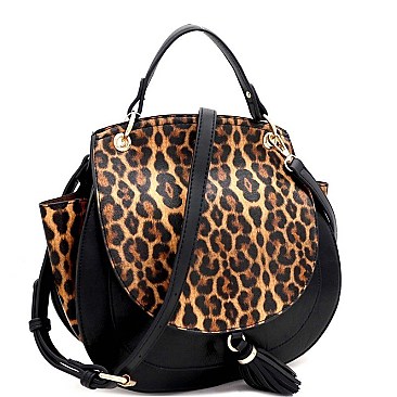 ROUND LEOPARD PRINT FLAP WING SATCHEL