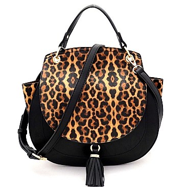 ROUND LEOPARD PRINT FLAP WING SATCHEL