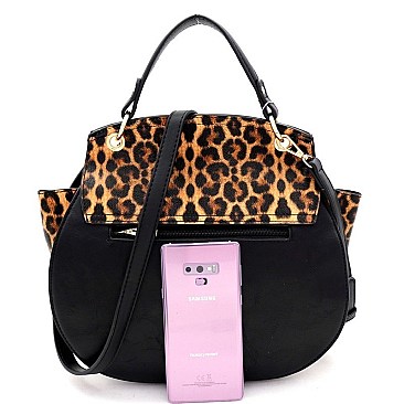 ROUND LEOPARD PRINT FLAP WING SATCHEL