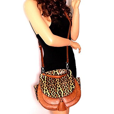 ROUND LEOPARD PRINT FLAP WING SATCHEL