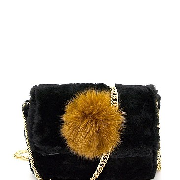 Faux-Fur Color Block Pom Pom Accent Shoulder Bag