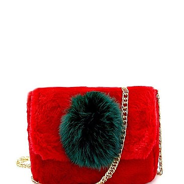 Faux-Fur Color Block Pom Pom Accent Shoulder Bag