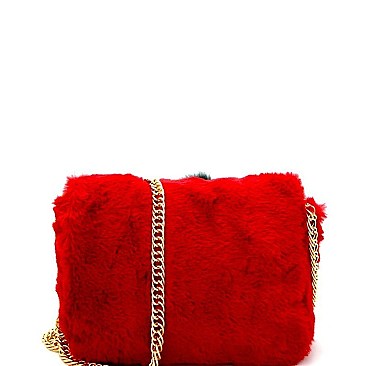 Faux-Fur Color Block Pom Pom Accent Shoulder Bag