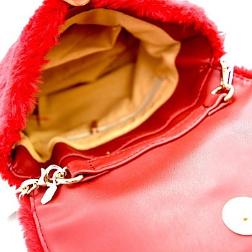 Faux-Fur Color Block Pom Pom Accent Shoulder Bag