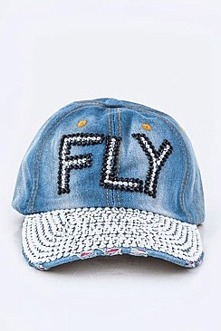 FLY Crystal Embellished Distressed Denim Cap LA-EMH8476