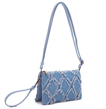 Triple Compartment Distressed Denim Crossbody