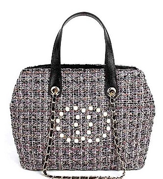 Smooth Fabric Classic Satchel Bag with Pearl Accent