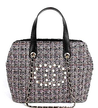 Smooth Fabric Classic Satchel Bag with Pearl Accent