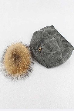 Stylish Raccoon Fur Pom Pom Slouchy Beanie LA-EMH8576
