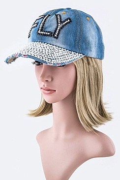 FLY Crystal Embellished Distressed Denim Cap LA-EMH8476