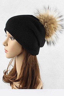 Stylish Raccoon Fur Pom Pom Slouchy Beanie LA-EMH8576