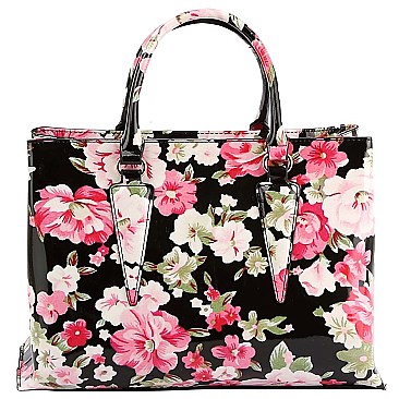 3 in 1 Glossy Flower Print Satchel Set