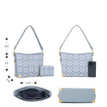 2-in-1 Side Ring Hooked Single Strap Oval Print Bucket / Hobo Bag Set