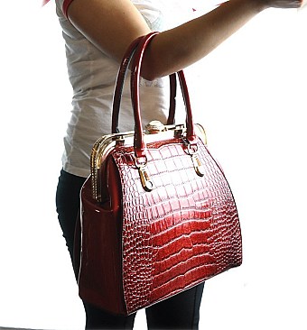 CROC Print Diamond Top Kiss Snap Satchel