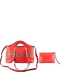 2-IN-1 Quilted Shopper Tote Crystal Stonned with the word "PRETTY"