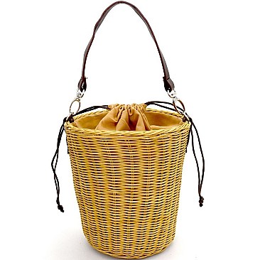 DR0001-LP Woven Bamboo Drawstring Bucket Shoulder Bag