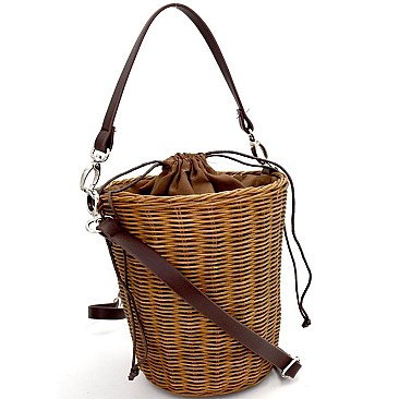 DR0001-LP Woven Bamboo Drawstring Bucket Shoulder Bag