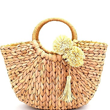 DR0002-LP Pom Pom Tassel Accent Woven Straw Basket Bag