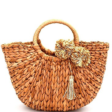 DR0002-LP Pom Pom Tassel Accent Woven Straw Basket Bag