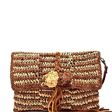 DR0007-LP Pom Pom Tassel Accent Woven Straw Clutch